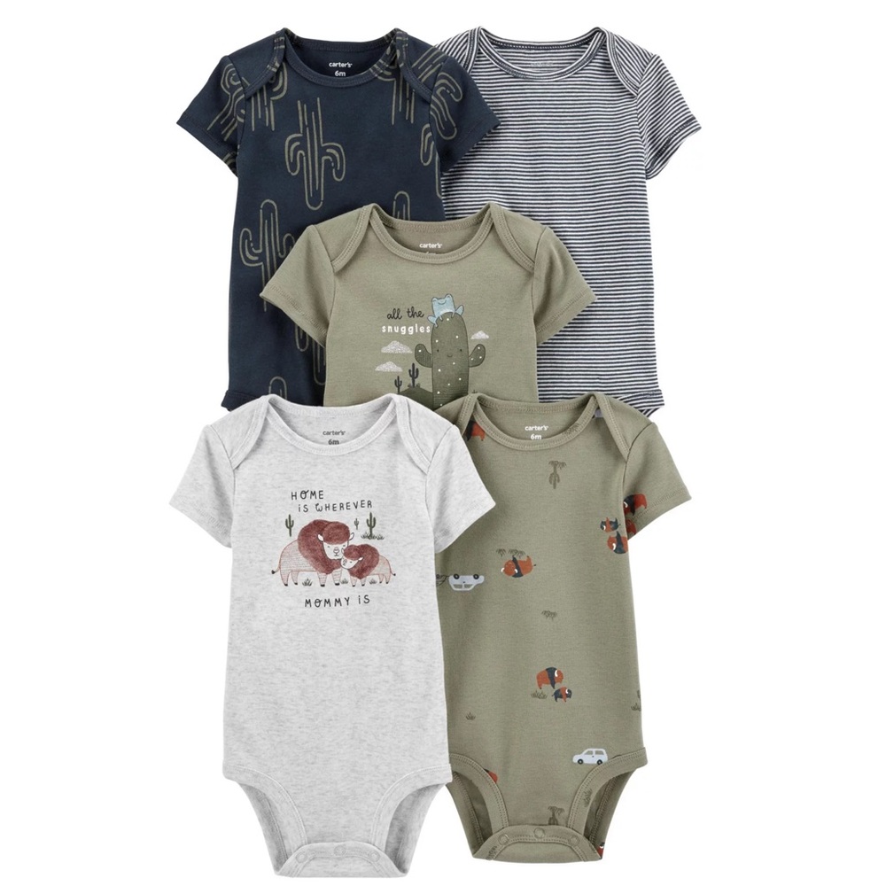 Carter’s 4 Piece 6M Shortsleeve 3 Snap Onesie Bundle Cactus Buffalo Green Grey
